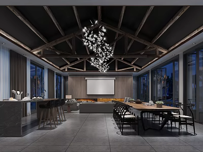 Modern Hotel Public Lounge With Wooden Ceiling Chandelier Large Windows And Projection Screen 3d model