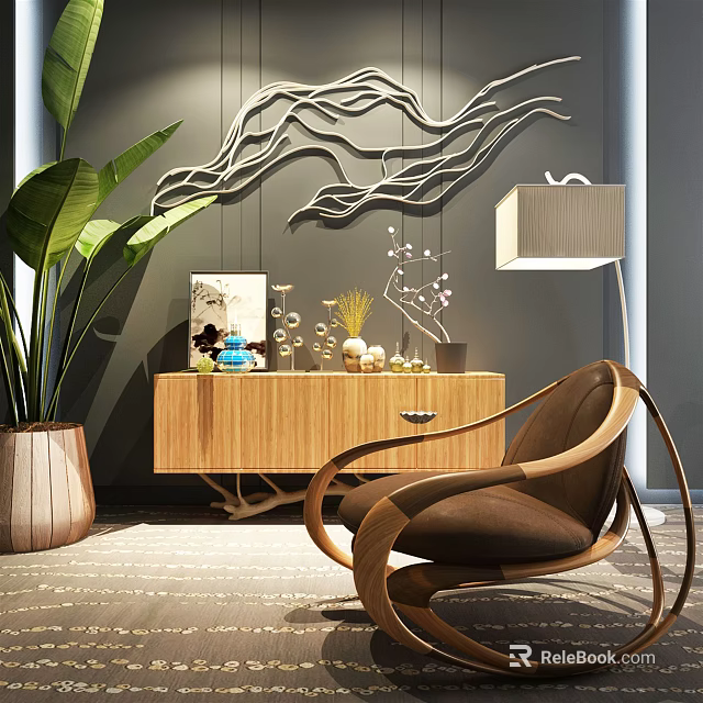 Elegant Leisure Chair With Wooden Frame Brown Cushion And Living Room Interior Decor 3d model 