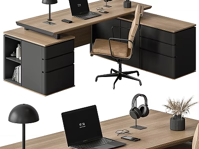 Modern Wooden Office Desk With Laptop Lamp Chair Drawers Headphones And Plant 3d model