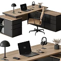 Modern Wooden Office Desk With Laptop Lamp Chair Drawers Headphones And Plant