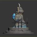 Rabbit Eared Character In Cloak With Blue Crystal On Glowing Pedestal And Spiked Decorations