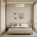 Minimalist Modern Bedroom Interior With Neutral Toned Bed Framed Artwork Pendant Light Sheer Curtains And Area Rug