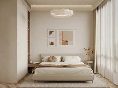 Minimalist Modern Bedroom Interior With Neutral Toned Bed Framed Artwork Pendant Light Sheer Curtains And Area Rug 3d model