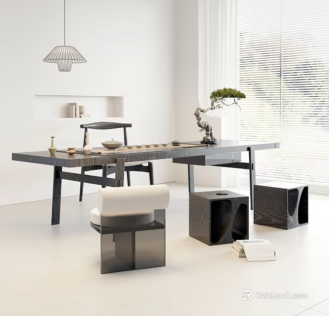 Modern Tea Table and Chairs with Tea Set Small Plant in Bright Minimalist Interior 3d model 