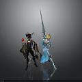 Two Women Characters in Dark Horned Outfit Holding Apple and Blue Attire Wielding Long Sword