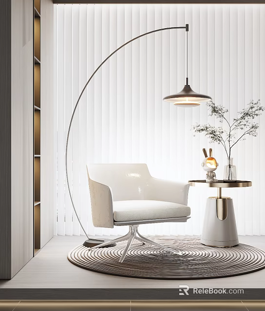 White Single Sofa With Velvet Upholstery And Side Table Decorative Items Hanging Lamp White Blinds 3d model 