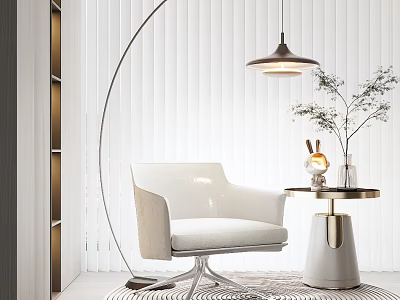 White Single Sofa With Velvet Upholstery And Side Table Decorative Items Hanging Lamp White Blinds 3d model