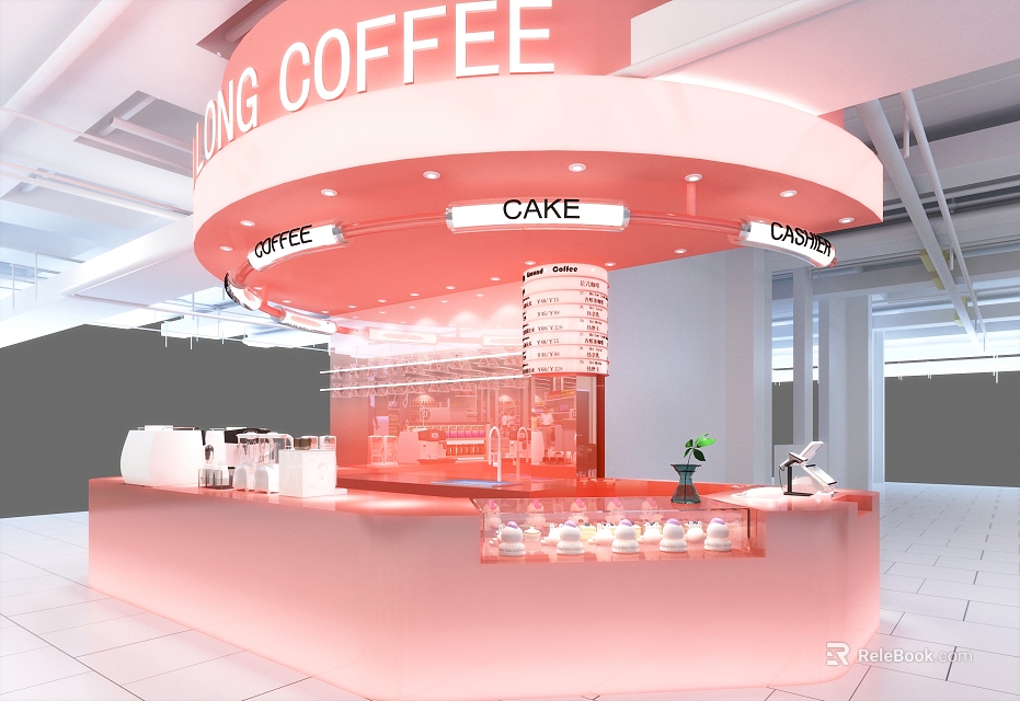 Pink Themed Café Interior Featuring Circular Counter Cake Dessert Display Case And Coffee Machines 3d model 