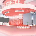 Pink Themed Café Interior Featuring Circular Counter Cake Dessert Display Case And Coffee Machines