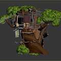 Cartoon Scene Featuring Wooden Treehouse With Green Leaves Small Buildings And Red Flag