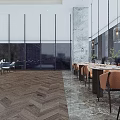 Elegant Modern Restaurant Interior With Large Windows Herringbone Wooden Flooring And Blue Chairs