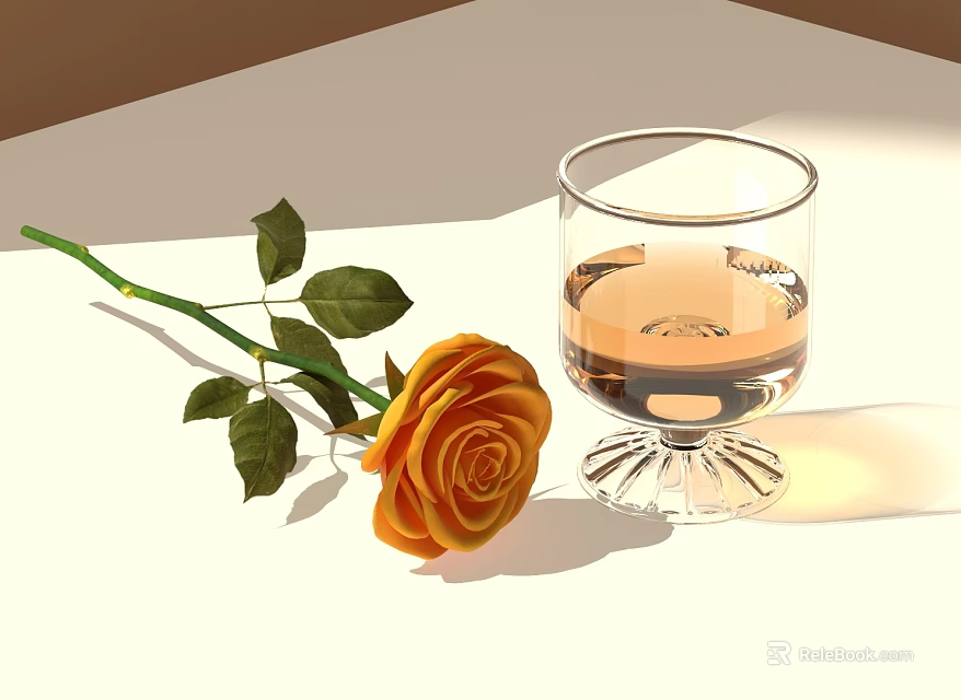 Transparent Glass With Light Brown Liquid And Orange Rose With Green Leaves On Light Tabletop 3d model 