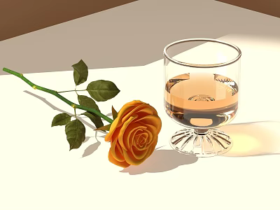 Transparent Glass With Light Brown Liquid And Orange Rose With Green Leaves On Light Tabletop 3d model