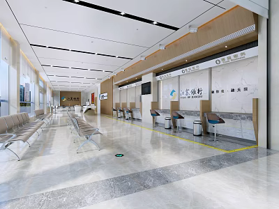 Modern Spacious Bright Bank Lobby With Marble Floors Comfortable Waiting Seats And Functional Service Counters 3d model