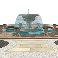 Decorative Outdoor Pedestal Fountain With Blue Water Basin Surrounded By Flower Pots And Stone Pavement