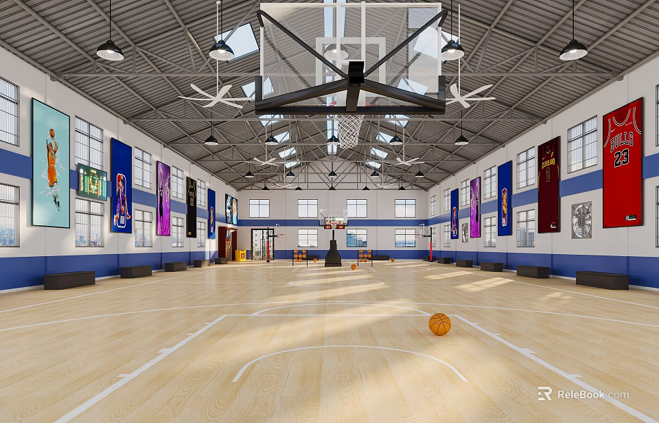 Indoor Basketball Court With Wooden Floor Basketball Hoop Colorful Banners And Ceiling Lights 3d model