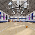 Indoor Basketball Court With Wooden Floor Basketball Hoop Colorful Banners And Ceiling Lights 3d model