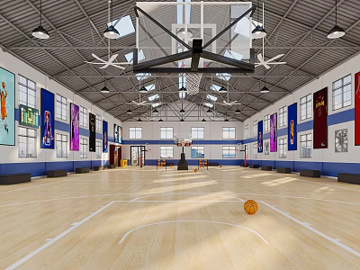 Indoor Basketball Court With Wooden Floor Basketball Hoop Colorful Banners And Ceiling Lights 3d model