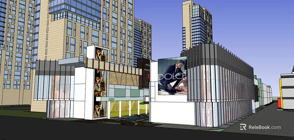 Modern Urban Commercial Complex With Glass Facade Retail consistent And Surrounding High Rise Buildings 3d model 