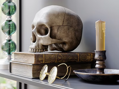 Classic Decorative Ornament Combination With Skull Old Books Eyeglasses Green Glass And Candle 3d model