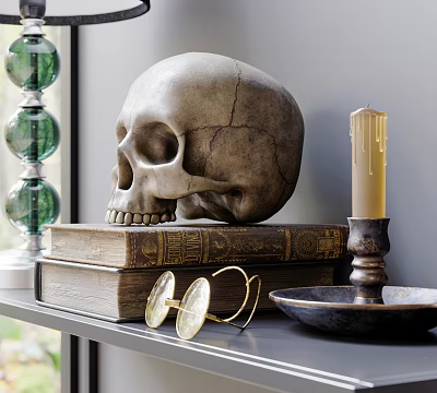 Classic Decorative Ornament Combination With Skull Old Books Eyeglasses Green Glass And Candle 3d model