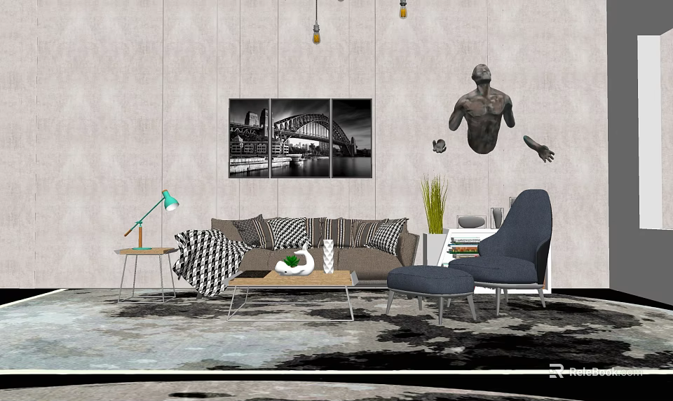 Modern Sofa Coffee Table Combination With Black White Bridge Painting And Sculpture Decor 3d model 