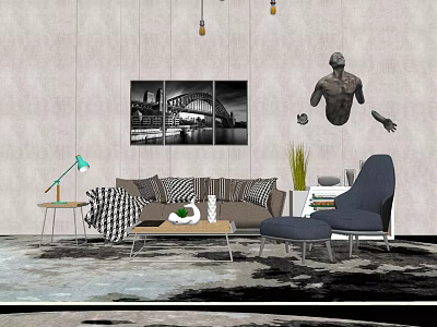 Modern Sofa Coffee Table Combination With Black White Bridge Painting And Sculpture Decor 3d model