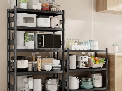 Organized Kitchen Storage Shelves With Microwave Bowls Jars And Fresh Fruits 3d model