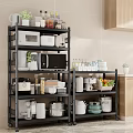 Organized Kitchen Storage Shelves With Microwave Bowls Jars And Fresh Fruits