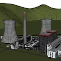 Modern Industrial Plant Power Generation Facility With Cooling Towers Chimney And Mountainous Green Trees