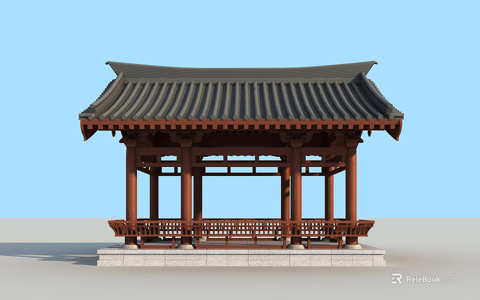 Traditional Chinese Pavilion With Wooden Structure Curved Roof And Stone Base Railings 3d model 