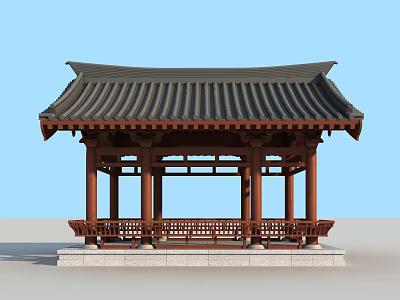 Traditional Chinese Pavilion With Wooden Structure Curved Roof And Stone Base Railings 3d model