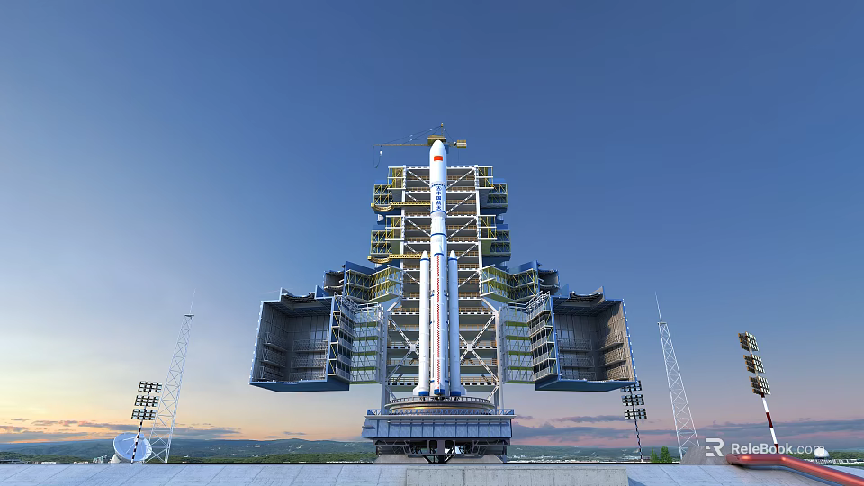 Space Rocket On Launch Tower Structure During Pre Launch Preparation Phase 3d model 