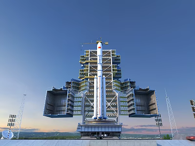 Space Rocket On Launch Tower Structure During Pre Launch Preparation Phase 3d model