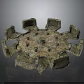 Ancient Circular Ruin Structure Featuring Weathered Moss Covered Stone Blocks And Recessed Areas