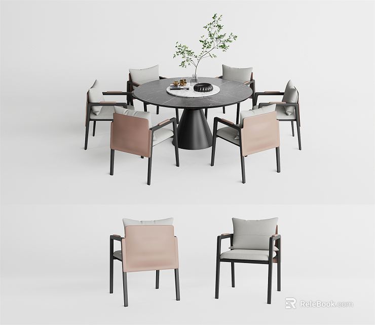 Round Black Dining Table Set with Pink Gray Fabric Chairs Metal Legs and Potted Plant 3d model 
