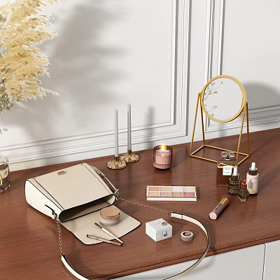 Luxury Perfume And Cosmetics On Stylish Tabletop With Beige Bag Golden Mirror And Eyeshadow Palette 3d model