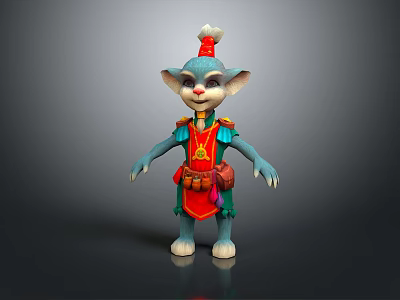 Blue Skinned Fantasy Creature with Big Ears Red Hat and Red Gold Outfit Standing 3d model