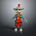 Blue Skinned Fantasy Creature with Big Ears Red Hat and Red Gold Outfit Standing