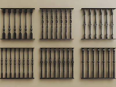 Black Baluster Components With Various Designs Displayed On Beige Background 3d model