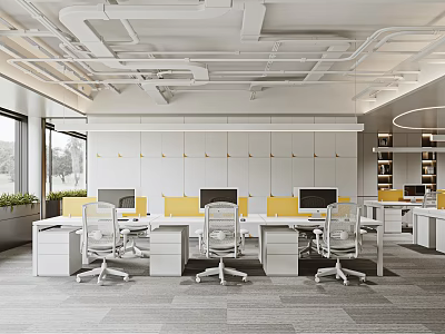 Modern Public Office Area With White Ceiling Pipes Yellow Seats White Desks Computers And Windows 3d model