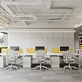 Modern Public Office Area With White Ceiling Pipes Yellow Seats White Desks Computers And Windows