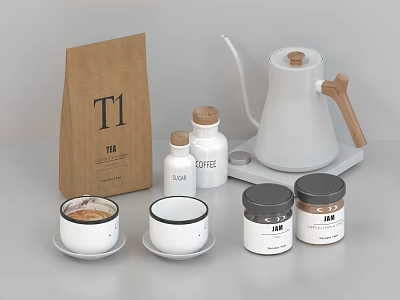 Tableware Set Featuring Teapot With Wooden Handle Coffee Cups Sugar Coffee Jars And Jam Containers 3d model