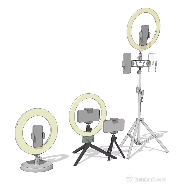 Advanced Projection Monitoring Equipment Setup With Tripods Ring Lights And Phone Holders 3d model 