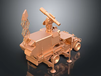 Military Vehicle 3D Model Featuring Antenna Structure And Launcher On Wheels 3d model