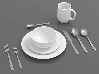Complete Dinnerware Set With White Bowl Plate Mug Forks Spoons And Knife 3d model