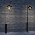 Vintage Style Outdoor Lights with Curved Poles Decorative Lamp Shades Illuminated Against Brick Wall
