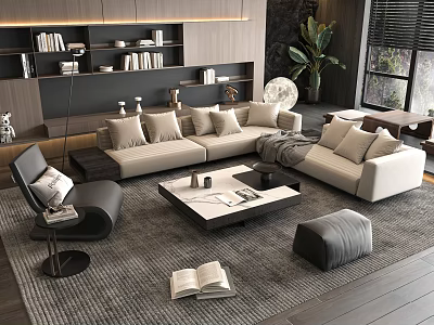 Modern Beige Sofa and Coffee Table Set in Living Room with Pillows Rug and Plants 3d model