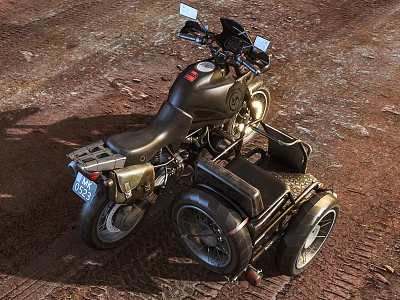 Rugged Three Wheeled Motorcycle With Metallic Sidecar And Textured Ground Detail 3d model
