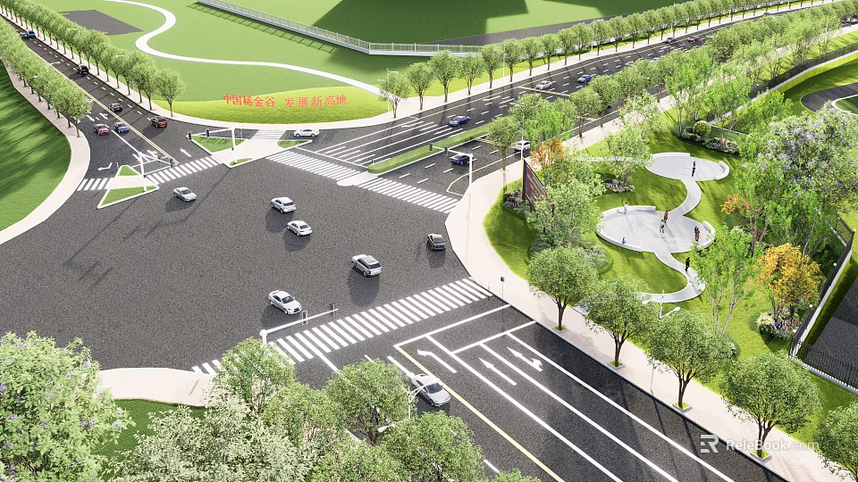 Municipal Road With Greenery Sidewalks Traffic Lanes And Vehicles In Urban Area 3d model 